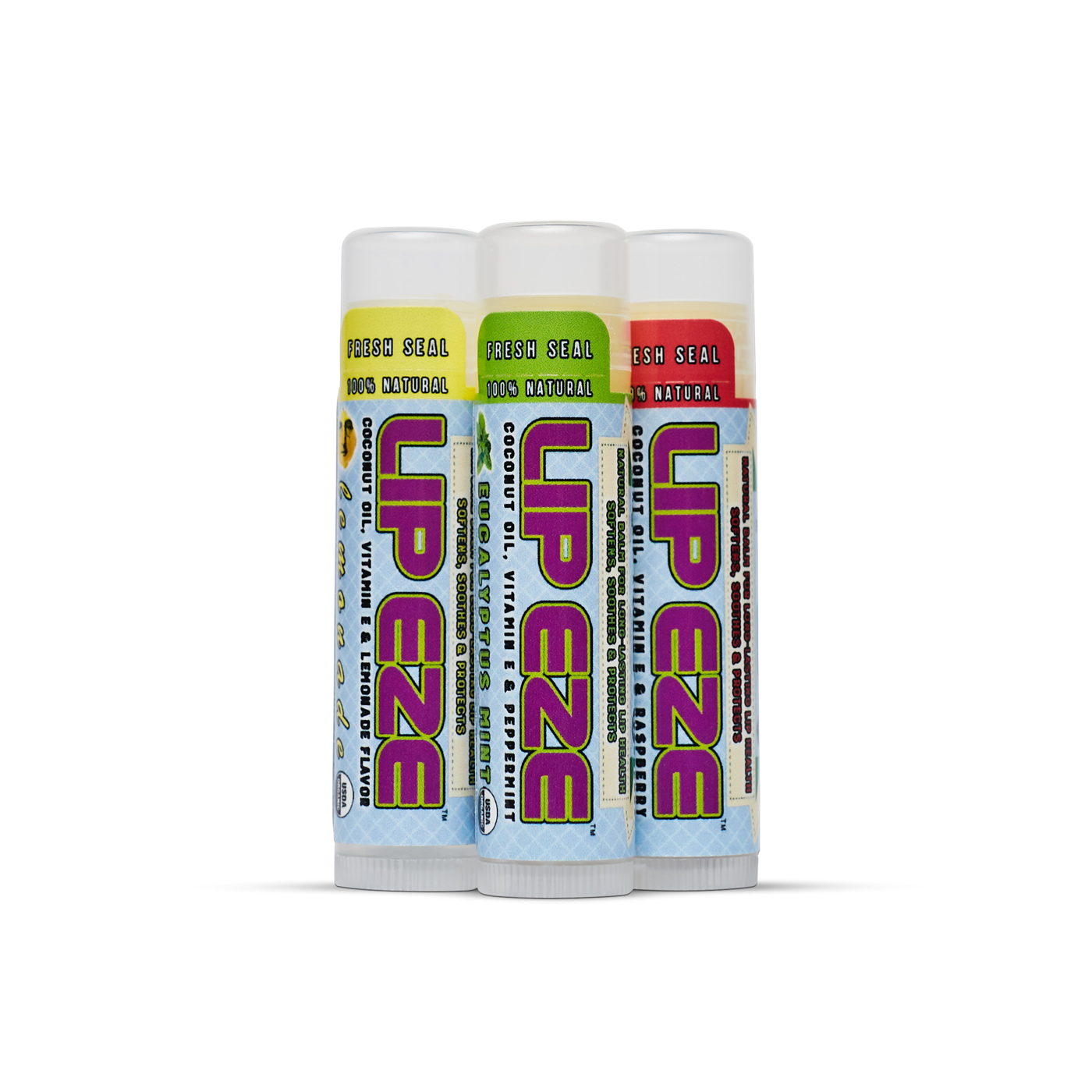 Lip Eze lip balm in Lemonade, Eucalyptus Mint, and Raspberry